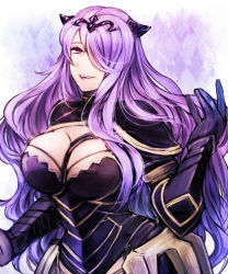 Rule 34 | 1girl, argyle, argyle background, argyle clothes, black gloves, breasts, camilla (fire emblem), cleavage, fire emblem, fire emblem fates, gloves, hair over one eye, holding, holding own hair, horns, large breasts, lips, long hair, nintendo, open mouth, pink eyes, purple hair, smile, solo, sumimoto ryuu, upper body, vambraces, very long hair