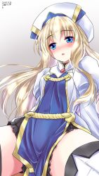 Rule 34 | 10s, 1girl, :o, arm support, black bloomers, blonde hair, bloomers, blue eyes, blush, commentary request, dress, goblin slayer!, hair between eyes, hat, juliet sleeves, long hair, long sleeves, nose blush, parted lips, pelvic curtain, priestess (goblin slayer!), puffy sleeves, solo, spread legs, thighhighs, underwear, wavy hair, white dress, white hat, white thighhighs, yamaguchi yuu