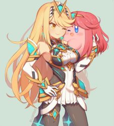 Rule 34 | 1girl, bare shoulders, black pantyhose, blonde hair, blue eyes, blush stickers, breasts, chest jewel, copy ability, cosplay, dress, earrings, elbow gloves, gloves, hand on own hip, hat, headpiece, jewelry, kirby, kirby (series), large breasts, long hair, mythra (massive melee) (xenoblade), mythra (xenoblade), nintendo, open mouth, pantyhose, pyra (xenoblade), pyra (xenoblade) (cosplay), red hair, short hair, simple background, smile, super smash bros., swept bangs, thigh strap, tiara, very long hair, white dress, white gloves, wusagi2, xenoblade chronicles (series), xenoblade chronicles 2, yellow eyes