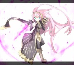 Rule 34 | 1girl, aqua eyes, asymmetrical clothes, bad id, bad pixiv id, boots, elbow gloves, energy sword, ganesagi, gloves, hairband, letterboxed, long hair, megurine luka, pink hair, solo, sword, thighhighs, vocaloid, weapon
