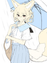 Rule 34 | 1girl, animal ears, bag, blonde hair, blue skirt, closed mouth, collarbone, collared shirt, commentary request, dress shirt, fox ears, fox girl, fox tail, hair between eyes, hand up, highres, holding, holding umbrella, looking at viewer, original, pleated skirt, rain, red eyes, shirt, short hair, simple background, skirt, smile, solo, tail, umbrella, white background, white shirt, white umbrella, yuuji (yukimimi)