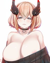 Rule 34 | 1girl, areola slip, azur lane, black sweater, blonde hair, blush, breasts, choker, cleavage, collarbone, commentary request, cross, half-closed eyes, headgear, highres, huge breasts, iron cross, looking at viewer, multicolored hair, nipple slip, nipples, parted lips, red hair, ribbed sweater, roon (azur lane), shiki (psychedelic g2), short hair, solo, streaked hair, sweater, twitter username, white background, yellow eyes