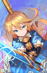 Rule 34 | 1girl, armor, blonde hair, blue eyes, charlotta (granblue fantasy), closed mouth, commentary, crown, dress, english commentary, gauntlets, glint, godsh0t, granblue fantasy, hair between eyes, harvin, holding, holding sword, holding weapon, long hair, looking at viewer, pointy ears, solo, sword, v-shaped eyebrows, weapon