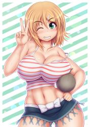 Rule 34 | 10s, 1girl, bare shoulders, blonde hair, blue skirt, blush, breasts, cleavage, collarbone, contrapposto, crop top, curvy, diagonal stripes, green eyes, grin, hair between eyes, hair ornament, hairclip, hanabi (senran kagura), hand on own hip, highres, impossible clothes, impossible shirt, large breasts, long hair, looking at viewer, miniskirt, navel, one eye closed, outline, ponponmaru, revision, senran kagura, shiny skin, shirt, skirt, sleeveless, sleeveless shirt, smile, solo, spaghetti strap, standing, strap slip, striped background, striped clothes, striped shirt, striped tank top, tank top, thighs, v, wide hips