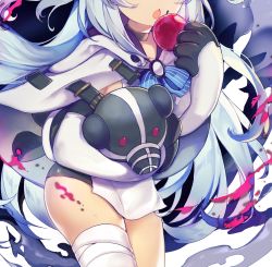 Rule 34 | 1girl, apple, bandages, bandaged leg, bandages, bike shorts, black shorts, blue hair, choker, cloak, commentary request, eating, elbow gloves, food, fruit, gloves, head out of frame, highres, hug, linmiu (smilemiku), little witch nobeta, long hair, monica (little witch nobeta), hugging object, official art, open mouth, short shorts, shorts, solo, stuffed animal, stuffed toy, tabard, teddy bear, thighs, two side up, white cloak, white gloves, white tabard
