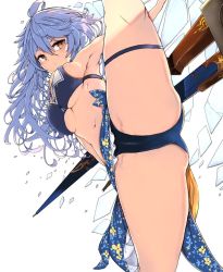 Rule 34 | 1girl, ahoge, arm up, armpits, bare shoulders, bikini, blonde hair, blue bikini, blue hair, blush, breasts, brown eyes, cameltoe, closed mouth, commentary request, from below, granblue fantasy, hair between eyes, kyuu (plastic night q), leg up, looking at viewer, looking down, medium breasts, navel, sarong, silva (granblue fantasy), solo, split, standing, standing on one leg, standing split, swimsuit, thigh strap, thighs, underboob, white background