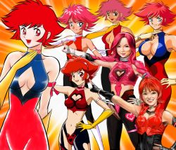 Rule 34 | 00s, 6+girls, choker, cleavage cutout, clothing cutout, cutie honey, cutie honey (character), cutie honey the live, elbow gloves, gloves, hara mikie, heart, heart cutout, highres, kisaragi honey, magical girl, multiple girls, multiple persona, re: cutie honey, realistic, red hair, satou eriko, yusao