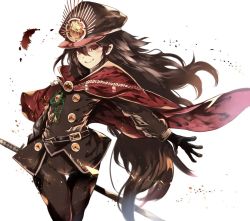 Rule 34 | 1girl, belt, belt buckle, black belt, black gloves, black hat, black jacket, black pants, blush, brown eyes, brown hair, buckle, cape, closed mouth, commentary request, crest, family crest, fate/grand order, fate (series), gloves, hair between eyes, hat, jacket, katana, koha-ace, kyuu (plastic night q), long hair, long sleeves, looking at viewer, military hat, oda nobunaga (fate), oda nobunaga (koha-ace), oda uri, outstretched arm, pants, peaked cap, red cape, smile, solo, sword, thigh gap, very long hair, weapon, white background