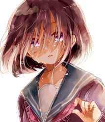 Rule 34 | 1girl, bad id, bad pixiv id, blue sailor collar, brown hair, cardigan, collarbone, crying, crying with eyes open, fingernails, hair over eyes, hand up, head tilt, highres, long hair, long sleeves, looking at viewer, naoton, original, parted lips, purple cardigan, purple eyes, red neckwear, sailor collar, school uniform, serafuku, simple background, solo, tears, white background