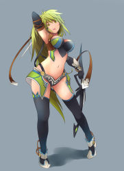 Rule 34 | 1girl, bad id, bad pixiv id, bow (weapon), breasts, cleavage, elbow gloves, elf, elsword, fingerless gloves, fullluv, gloves, green eyes, green hair, highres, large breasts, matching hair/eyes, pointy ears, rena erindel, simple background, solo, thighhighs, trapping ranger (elsword), weapon