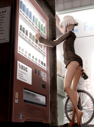 Rule 34 | 1girl, ass, bicycle, can, flat chest, genek, grey eyes, grey hair, highres, holding, holding can, legs, long sleeves, original, short hair, short shorts, shorts, sidelocks, sweater, thighs