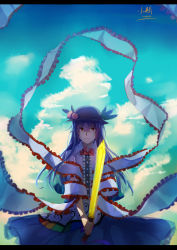 Rule 34 | 1girl, absurdres, artist name, blue hair, cloud, dress, food, frills, fruit, hat, highres, hinanawi tenshi, layered dress, letterboxed, long hair, looking at viewer, orange eyes, peach, puffy sleeves, qin xin, shawl, short sleeves, sky, solo, sword of hisou, touhou