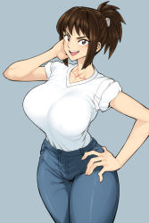 Rule 34 | 1girl, blue background, breasts, brown eyes, brown hair, collarbone, denim, giboshi matoi, hand on own hip, highres, huge breasts, jeans, kochikame, looking at viewer, narrow waist, open mouth, pants, ponytail, shirt, short hair, short ponytail, simple background, sleeves rolled up, smile, solo, spacezin, thighs, wide hips