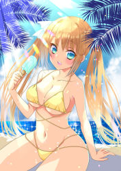 Rule 34 | 1girl, :d, bare shoulders, bikini, blonde hair, blue eyes, blush, breasts, cloud, cloudy sky, commentary request, day, food, halterneck, holding, holding food, ice cream, large breasts, long hair, looking at viewer, nanase aoi, navel, ocean, open mouth, original, paid reward available, sidelocks, sky, smile, solo, stomach, summer, swimsuit, twintails, yellow bikini
