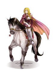 Rule 34 | 1girl, animal, blonde hair, boots, braid, cape, elbow gloves, fire emblem, fire emblem: the blazing blade, flower, gloves, gzei, horse, horseback riding, looking at viewer, louise, nintendo, riding, simple background, smile, thighhighs, white background