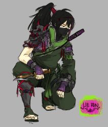 Rule 34 | 1boy, black hair, covering face, fingerless gloves, full body, gloves, grey background, holding, holding weapon, knife, lie ren, male focus, mask, ninja, ponytail, rwby, simple background, solo, squatting, sword, weapon