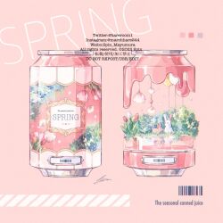 Rule 34 | 2022, artist name, balloon, barcode, bush, can, color guide, commentary request, drink can, english text, floral print, flower, highres, instagram username, no humans, object focus, original, pink background, pink flower, rabbit, signature, simple background, soda can, spin mayumura, spring (season), tulip, twitter username, weibo watermark, white flower, yellow flower