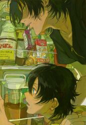 Rule 34 | 2boys, adam&#039;s apple, aqua eyes, black hair, black shirt, blue eyes, bottle, box, character request, check character, choker, cup, drinking straw, drinking straw in mouth, food, from side, green eyes, hand on another&#039;s shoulder, hand up, highres, hypnosis mic, juice box, leaning forward, looking away, male focus, mole, mole under eye, mole under mouth, mouth hold, multiple boys, n uu nn, parted lips, portrait, profile, refrigerator, shirt, short hair, short sleeves, t-shirt, wasabi, yamada jiro, yamada saburo