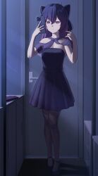 Rule 34 | 1girl, blue archive, blush, bow, breasts, cellphone, cleavage, door, dress, full body, hair bow, haruka (blue archive), haruka (dress) (blue archive), highres, holding, holding phone, mizoshi-x, official alternate costume, pantyhose, phone, purple dress, purple eyes, purple hair, purple pantyhose, see-through, small breasts, solo, strapless, strapless dress
