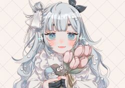 Rule 34 | 1girl, and uge, blunt bangs, blush, commentary request, finger cots, fingernails, flower, frilled shirt, frills, grey eyes, grey hair, holding, holding flower, long hair, long sleeves, looking at viewer, medium bangs, nanashi inc., one side up, open mouth, pink flower, pink nails, shirt, smile, solo, stuffed snail, tulip, upper body, virtual youtuber, wavy hair, white shirt, winding key, yoriko (gheyori)
