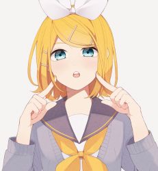 Rule 34 | 1girl, :d, black collar, blonde hair, blue eyes, bow, cardigan, collar, commentary, fingers to cheek, grey cardigan, grin, hair bow, hair ornament, hairclip, hands up, haru no no, highres, index finger raised, kagamine rin, looking at viewer, neckerchief, open mouth, sailor collar, school uniform, shirt, short sleeves, smile, solo, swept bangs, upper body, vocaloid, white bow, white shirt, yellow neckerchief