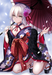 Rule 34 | 1girl, ahoge, artoria pendragon (all), artoria pendragon (fate), bad id, bad pixiv id, blonde hair, breasts, cleavage, closed mouth, fate/stay night, fate (series), floral print, hair between eyes, harimoji, highres, japanese clothes, kimono, kneeling, long hair, long sleeves, looking at viewer, off shoulder, official alternate costume, platform clogs, saber alter, sandals, small breasts, solo, thighs, umbrella, wide sleeves, yellow eyes