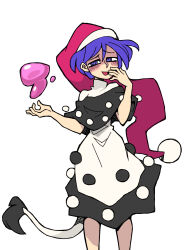 Rule 34 | 1girl, :d, black capelet, blob, capelet, commentary, doremy sweet, dream soul, dress, eddybird55555, english commentary, hat, highres, looking at viewer, nightcap, open mouth, parody, pom pom (clothes), purple eyes, purple hair, red hat, ringed eyes, short hair, simple background, smile, solo, style parody, tail, tapir tail, touhou, vanripper (style), white background, white dress