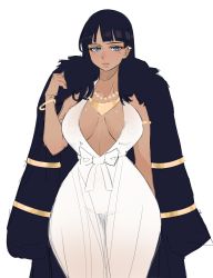 Rule 34 | 1girl, absurdres, arthydraws, black hair, blue eyes, bracelet, breasts, cleavage, cowboy shot, dress, highres, jacket, jacket on shoulders, jewelry, necklace, nico robin, nipples, one piece, see-through, solo, tan, thick thighs, thighs, white background, wide hips