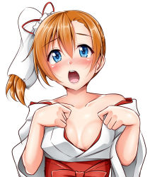 Rule 34 | 10s, 1girl, alternate hairstyle, blue eyes, blush, breasts, brown hair, cleavage, highres, japanese clothes, kosaka honoka, love live!, love live! school idol project, miko, multiple girls, no bra, open mouth, side ponytail, simple background, upper body, yopparai oni