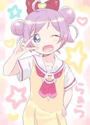 Rule 34 | 1girl, aqua eyes, blue eyes, character name, collarbone, dress, hand on own hip, highres, looking at viewer, manaka laala, md5 mismatch, mizu asato, one eye closed, open mouth, pretty series, pripara, purple hair, resized, school uniform, smile, solo, v