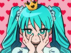 1girl blue_eyes blue_hair blush choker crown hands_on_own_cheeks hands_on_own_face hatsune_miku heart heart_background jitome jjjjtaaaku looking_at_viewer mini_crown parted_lips pink_background portrait solo sweat twintails vocaloid world_is_mine_(vocaloid)