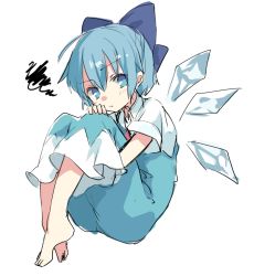 Rule 34 | 1girl, barefoot, blue bow, blue dress, blue eyes, blue hair, blush, bow, cirno, closed mouth, collared shirt, dress, full body, hair between eyes, hair bow, hugging own legs, ice, ice wings, knees up, long dress, looking at viewer, neck ribbon, paragasu (parags112), pinafore dress, puffy short sleeves, puffy sleeves, red ribbon, ribbon, shirt, short hair, short sleeves, simple background, sleeveless dress, solo, touhou, white background, white shirt, wings
