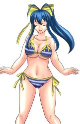 Rule 34 | 1girl, absurdres, antenna hair, bikini, blazblue, blazblue remix heart, blue hair, bow, breasts, cleavage, closed eyes, genderswap, genderswap (mtf), hair bow, highres, large breasts, long hair, mai natsume, open mouth, ponytail, rezuban, ribbon, side-tie bikini bottom, simple background, smile, solo, striped bikini, striped clothes, swimsuit, underboob, very long hair, white background, yellow bow