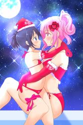 Rule 34 | 10s, 2girls, age difference, alternate costume, alternate hairstyle, arms around neck, arms around waist, bare legs, bare shoulders, bikini, black hair, blue eyes, blush, bra, breasts, christmas, closed mouth, couple, dream, elbow gloves, eye contact, face-to-face, female focus, flat chest, full moon, fur-trimmed bra, fur-trimmed gloves, fur-trimmed headwear, fur-trimmed panties, fur trim, gloves, groin, hair between eyes, hair ornament, happy sugar life, hat, heart, heart hair ornament, highres, hug, imminent kiss, knee up, koube shio, legband, legs, lingerie, looking at another, matsuzaka satou, medium breasts, midriff, monta, moon, multiple girls, navel, neck, night, night sky, onee-loli, outdoors, panties, pink hair, pink ribbon, ponytail, red bikini, red bra, red eyes, red gloves, red headwear, red panties, ribbon, santa costume, santa hat, shadow, side-tie panties, sitting, sitting on lap, sitting on person, sky, smile, sparkle, star (symbol), starry background, strapless, strapless bra, swimsuit, underwear, yuri
