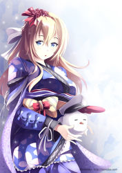 Rule 34 | 10s, 1girl, admiral (kancolle), alternate costume, bird, blonde hair, blue eyes, blue kimono, braid, chicken, floral print, french braid, hair ribbon, japanese clothes, kantai collection, kimono, looking at viewer, mimelex, non-human admiral (kancolle), ribbon, solo, warspite (kancolle)