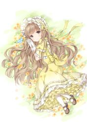 Rule 34 | 1girl, brown hair, dress, frilled hairband, frills, full body, gloves, hair ribbon, hairband, lolita fashion, long hair, lying, mary janes, on side, original, petticoat, ribbon, shoes, short sleeves, simple background, solo, very long hair, wataame27, white background, white gloves, white legwear, yellow dress, yellow ribbon