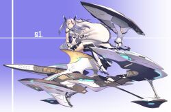 Rule 34 | 1girl, blue background, dress, flying, full body, grey hair, highres, itaco, long hair, looking at viewer, mecha musume, multicolored hair, original, purple hair, sleeveless, sleeveless dress, solo, thighhighs, two-tone hair, weapon, white dress, white thighhighs