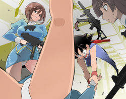 Rule 34 | 1boy, 3girls, agent aika, aika (series), ascot, ass, attack, bare legs, battle, black ascot, black eyes, black hair, blue delmo, blue delmo u, blue jacket, blue skirt, breasts, brown hair, cameltoe, commentary request, covered erect nipples, crossover, crotch seam, delmo, delmogeny uniform, dougi, dragon ball, dragon ball (classic), extra, fighting, gun, holding, holding gun, holding weapon, jacket, juliet sleeves, kneepits, legs, long hair, long sleeves, lying, medium breasts, multiple girls, name john, ruyi jingu bang, on back, open mouth, panties, pantyshot, partial commentary, pencil skirt, profile, puffy sleeves, ryona, short hair, simple background, skirt, sleeveless, son goku, spiked hair, sweat, taut clothes, thighs, underwear, uniform, upside-down, upskirt, v-shaped eyebrows, weapon, white panties, wristband