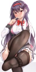 Rule 34 | 1girl, absurdres, black hair, black thighhighs, black vest, braid, closed mouth, collared shirt, feet, finger to mouth, grey skirt, hair between eyes, hair ornament, hair scrunchie, hairband, highres, lomocya, long hair, looking at viewer, no shoes, original, pleated skirt, purple eyes, purple hair, red neckwear, scrunchie, shirt, sidelocks, simple background, sitting, skirt, soles, solo, thighhighs, toes, vest, white background, white shirt