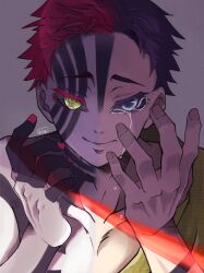 Rule 34 | 1boy, akaza (kimetsu no yaiba), araki (nora ark2), bare shoulders, closed mouth, collarbone, colored eyelashes, colored sclera, crying, crying with eyes open, eyelashes, facial mark, facial tattoo, fingernails, fusion, green kimono, grey background, hakuji (kimetsu no yaiba), hand tattoo, hands up, highres, japanese clothes, kimetsu no yaiba, kimono, looking at viewer, male focus, multicolored hair, pink hair, pink nails, portrait, short hair, signature, smile, solo, split-color hair, split theme, spoilers, tattoo, tears, tears from one eye, text in eyes, two-tone hair, yellow eyes
