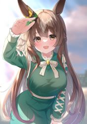 Rule 34 | 1girl, :d, absurdres, animal ears, arm up, blurry, blurry background, blush, bow, braid, breasts, brown eyes, brown hair, day, depth of field, dress, etesumsom, frilled sleeves, frills, green dress, grey hair, half updo, highres, horse ears, long hair, long sleeves, looking at viewer, medium breasts, multicolored hair, open mouth, outdoors, pov, satono diamond (umamusume), smile, solo, two-tone hair, umamusume, very long hair, white bow