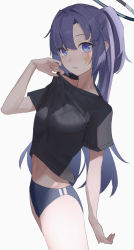 Rule 34 | 1girl, black shirt, blue archive, blue eyes, blue hair, breasts, buruma, clothes lift, commentary request, cowboy shot, halo, hand up, highres, lifted by self, long hair, looking at viewer, mia cbx, midriff, navel, official alternate costume, parted lips, ponytail, shirt, shirt lift, short sleeves, shorts, simple background, small breasts, solo, standing, star (symbol), star sticker, stomach, sweat, thighs, white background, yuuka (blue archive), yuuka (track) (blue archive)