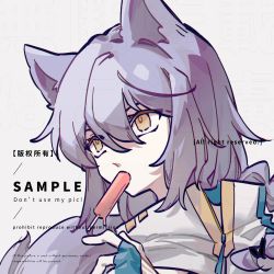 Rule 34 | 1girl, animal ears, arknights, blue gloves, braid, fingerless gloves, food in mouth, gloves, hair between eyes, hand up, highres, long hair, official alternate costume, popsicle, popsicle in mouth, portrait, provence (arknights), provence (casual vacation) (arknights), purple hair, shouwobici, simple background, solo, white background, wolf ears, wolf girl, yellow eyes