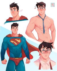 Rule 34 | 1boy, abs, artist name, bara, black hair, blue bodysuit, blue eyes, blush, bodysuit, brotexbrotex, cape, clark kent, closed mouth, dc comics, glasses, highres, large pectorals, male focus, multiple views, muscular, muscular male, my adventures with superman, naked necktie, navel, necktie, nipples, one eye closed, pectorals, red cape, short hair, smile, superman, superman (series), undone necktie
