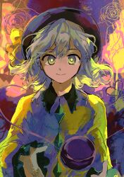 Rule 34 | 1girl, abstract background, absurdres, black hat, bow, bright pupils, buttons, closed mouth, commentary request, diamond button, eyeball, flat chest, flower, frilled shirt collar, frilled sleeves, frills, green eyes, green hair, hat, hat bow, highres, komeiji koishi, long sleeves, looking at viewer, pink background, purple background, rose, shirt, short hair, smile, solo, third eye, touhou, uninosono, upper body, yellow bow, yellow shirt