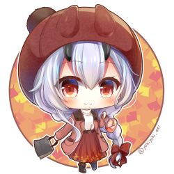 Rule 34 | 1girl, bag, black footwear, blush, boots, bow, braid, brown coat, brown eyes, brown hat, brown skirt, chibi, closed mouth, coat, commentary request, fake horns, fate/grand order, fate (series), full body, hair between eyes, hair bow, hand up, handbag, hat, holding, holding bag, horned headwear, horns, long hair, long sleeves, oni, oni horns, open clothes, open coat, pleated skirt, print skirt, red bow, shirt, silver hair, single braid, skirt, smile, solo, standing, tomoe gozen (fate), twitter username, white shirt, yukiyuki 441