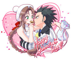 Rule 34 | 1boy, 1girl, aerith gainsborough, aerith gainsborough (fairy of snowfall), bag, bare shoulders, black hair, blue eyes, blue necktie, blush, braid, braided ponytail, brown hair, candy, chocolate, chocolate heart, coat, commentary request, couple, cropped torso, cross scar, dated, dress, drill hair, drill sidelocks, earrings, facial scar, final fantasy, final fantasy vii, final fantasy vii ever crisis, final fantasy vii remake, flower, food, green eyes, happy valentine, heart, highres, holding, holding bag, holding food, hug, jewelry, long hair, necktie, official alternate costume, parted bangs, profile, scar, scar on cheek, scar on face, shikiwo, sidelocks, spiked hair, stud earrings, sweater, sweater dress, turtleneck, turtleneck sweater, upper body, valentine, white sweater, winter clothes, winter coat, yellow flower, zack fair, zack fair (holiday suit)