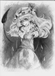 Rule 34 | 1girl, alternate hairstyle, ascot, breasts, cowboy shot, crystal, fangs, flandre scarlet, frilled shirt collar, frilled sleeves, frills, greyscale, hat, hat ribbon, highres, laevatein (touhou), long hair, looking at viewer, mob cap, monochrome, open mouth, pointing, pointing at viewer, ribbon, skirt, small breasts, solo, touhou, vest, wings, xii yashizhongzhan