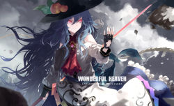 Rule 34 | 1girl, black gloves, black hat, blue hair, blue skirt, character cutout, clothing cutout, fingerless gloves, floating hair, frilled skirt, frills, fujinohara akihira, gloves, hair between eyes, hat, hinanawi tenshi, holding, holding polearm, holding weapon, long hair, pink eyes, polearm, red eyes, red neckwear, shirt, shoulder cutout, skirt, solo, standing, sun hat, title, touhou, very long hair, weapon, white shirt