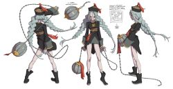 Rule 34 | 1girl, back, ball and chain (weapon), bandaged hand, bandages, bare legs, black footwear, black headwear, chain, chinese clothes, closed mouth, grey hair, hair between eyes, hat, highres, holding, long hair, lu curie, motion lines, multiple views, original, profile, red eyes, simple background, speed lines, standing, twintails, weapon, white background